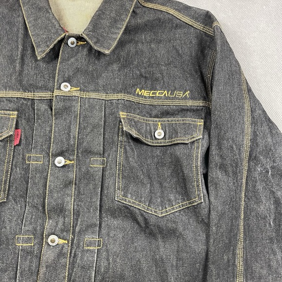 Vintage Mecca‎ USA Denim Jacket Mens XXL Black Jean Button Up Hip Hop Streetwear - Picture 2 of 10